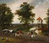 Travellers on a track, a view of antwerp beyond by Jacob Grimmer, oil, sold May 2022