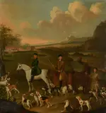 A hunting party before olton hall by J Hennessy, 1760, oil, sold May 2022