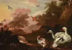 Muscovy ducks, partridges and a pheasant in a landscape by Marmaduke Craddock, oil, sold May 2022