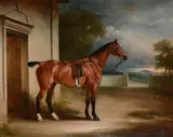 A saddled hunter in a stable yard with a landscape beyond by John Ferneley Senior, oil, sold May 2022
