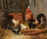 Chickens in a barn by John Frederick Herring Jnr, oil, sold May 2022