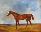 Chestnut racehorse in an extensive landscape by Harry Hall, oil, offered May 2022