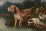 Otterhounds and terriers by a stream by Walter Hunt, 1933, oil, sold May 2022