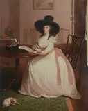 Interior with a seated lady and her dog by Lewis Vaslet, oil, sold May 2022