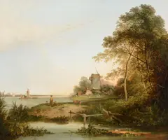 Riverscape with a windmill by Henry John Boddington, oil, sold May 2022