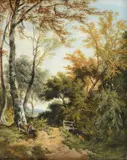 A figure with his dog in a wooded river landscape by John Berney Ladbrooke, Oil on canvas laid to panel51 x, sold May 2022