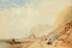 Fisherfolk on a beach together with another work by James Baker Pyne, oil on panel, sold May 2022