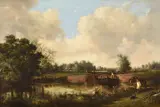 Summer landscape with figures on a barge by a lock by Thomas Smythe, oil, sold May 2022