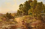 Family paddling in a stream from the hills by Benjamin Williams Leader, oil, sold May 2022