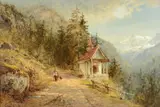 Alpine landscape with travellers by a roadside chapel by Benjamin Williams Leader, 1877, Oil on canvasSigned and dated, sold May 2022