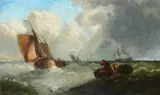 A barge and other vessels in a swell by John Callow, oil, sold May 2022