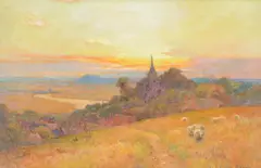 Sheep in a landscape at sunset by Walter Follen Bishop, oil, offered May 2022