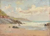 Beach scene by Walter Follen Bishop, oil on board, sold May 2022