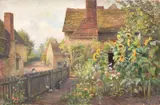 Cats in a cottage garden by Walter Follen Bishop, oil, sold May 2022