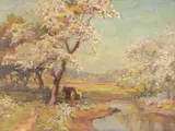 Landscape with blossoming trees and cattle by a stream by Walter Follen Bishop, oil, sold May 2022