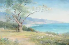 Shepherd and his flock in a coastal landscape by John MacWhirter, oil, sold May 2022