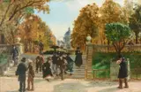 Figures in the jardin du luxembourg, paris by Alfred Dehodencq, 1871, oil, sold May 2022