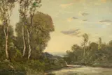 A wooded river landscape in the evening by Henri Harpignies, 1914, oil, offered May 2022