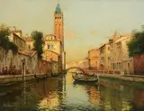 Venetian canal with a gondola by a bridge by Antoine Bouvard, oil, sold May 2022