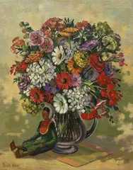 Still life with Indonesian doll beside a vase of flowers by Bernard Ninnes, oil on canvas, sold Apr 2023