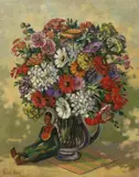 Still life with Indonesian doll beside a vase of flowers by Bernard Ninnes, oil on canvas, sold Apr 2023