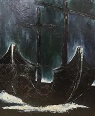 Ship at sea by David Azuz, 1959, oil on canvas, sold Apr 2023