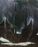 Ship at sea by David Azuz, 1959, oil on canvas, sold Apr 2023