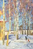 Figures beneath birch trees in winter by Oleg Koren, oil on board, sold Apr 2023