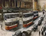 Street scene with trams by Malcolm Young, oil on board, sold Apr 2023