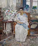 Thought Weaving by Margaret Fisher Prout, oil on board, sold Apr 2023