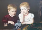 Portrait of two boys with a pet pigeon, 54 x 73cm by James Sant, oil on canvas, sold Apr 2023