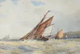 Fishing boats off the coast by Frederick James Aldridge, watercolour, offered Apr 2023