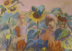 Children and sunflowers, Studio stamp verso, 27 x 39cm by Phyllis Bray, pencil and watercolour, sold Apr 2023
