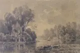 River landscape, label remnant verso, 28 x 41cm by Maxime Lalanne, charcoal on paper, sold Apr 2023