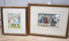 Girls playing tennis, 17 x 14cm and Georgians on a terrace, initialled and dated 1887, 14 x 21.5cm by John Dawson Watson, 1887, watercolor, sold Apr 2023