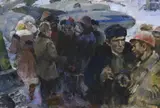 Soviet workers in a winter landscape by Nikolai Petrovich Sochnev, oil on canvas, sold Mar 2023
