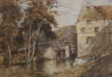 Figures beside a watermill by David Cox, 1845, watercolour, sold Mar 2023