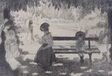 Mother and child seated on a park bench by Henry Ottmann, lithograph, offered Mar 2023