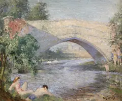 Bathers beside a stone bridge by Thomas W. Armes, oil on canvas, sold Mar 2023