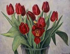 Vase of Tulips by Bryan Senior, acrylic on board, offered Mar 2023