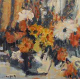 Still life of flowers in a vase by Ross Foster, oil on canvas, sold Mar 2023
