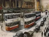 Street scene with trams by Malcolm Young, oil on board, sold Mar 2023