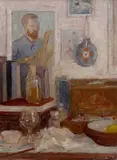 Still life with Vincent Van Gogh by William Yeo, 1975, oil on board, sold Mar 2023