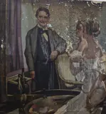 Self portrait of the artist and two ladies by William Merrett Hodges, oil on canvas, sold Mar 2023