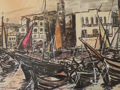 Venetian scene by George Hann, ink and watercolour, sold Mar 2023