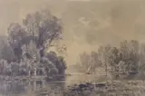 River landscape, label remnant verso, 28 x 41cm by Maxime Lalanne, charcoal on paper, sold Mar 2023