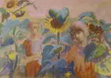 Children and sunflowers, Studio stamp verso, 27 x 39cm by Phyllis Bray, pencil and watercolour, sold Mar 2023