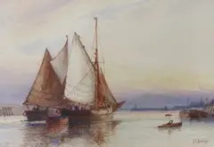 Sail barges leaving harbour by Frederick James Aldridge, watercolour, sold Mar 2023