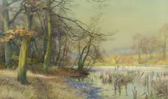Tranquil lake scene by Walter Follen Bishop, watercolour, sold Mar 2023