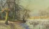 Tranquil lake scene by Walter Follen Bishop, watercolour, sold Mar 2023